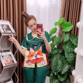 Đồ bộ nữ mặc nhà pijama Satin in chó shiba chữ Lửng