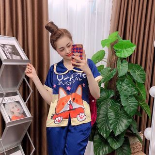 Đồ bộ nữ mặc nhà pijama Satin in chó shiba chữ Lửng