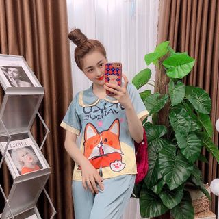 Đồ bộ nữ mặc nhà pijama Satin in chó shiba chữ Lửng