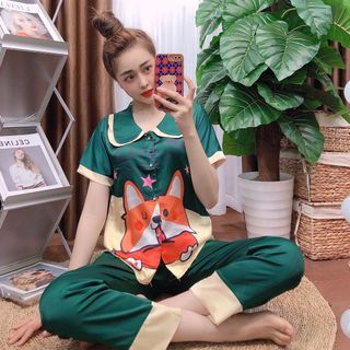 Đồ bộ nữ mặc nhà pijama Satin in chó shiba chữ Dài cộc