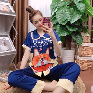 Đồ bộ nữ mặc nhà pijama Satin in chó shiba chữ Dài cộc
