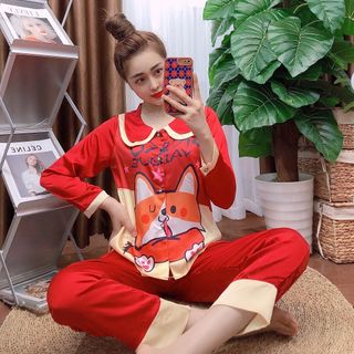 Đồ bộ nữ mặc nhà pijama Satin in chó shiba chữ Dài dài giá sỉ