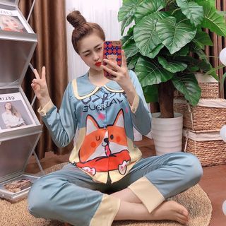 Đồ bộ nữ mặc nhà pijama Satin in chó shiba chữ Dài dài