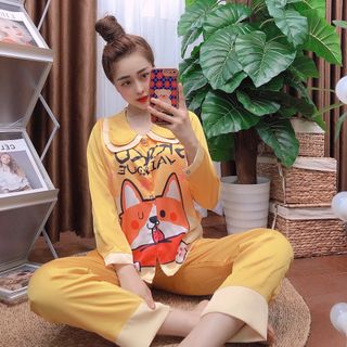 Đồ bộ nữ mặc nhà pijama Satin in chó shiba chữ Dài dài