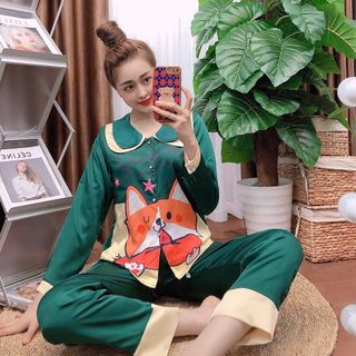 Đồ bộ nữ mặc nhà pijama Satin in chó shiba chữ Dài dài