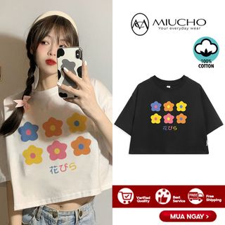 Áo croptop nữ tay ngắn cổ tròn vải thun cotton kiểu hàn quốc CR016 Miucho in hình hoạ tiết