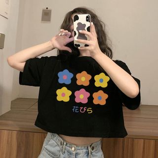 Áo croptop nữ tay ngắn cổ tròn vải thun cotton kiểu hàn quốc CR016 Miucho in hình hoạ tiết
