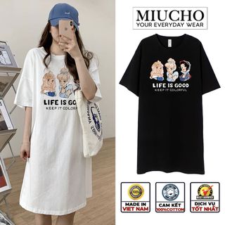 Đầm suông dài tay lỡ, váy suông dáng dài tay vintage nữ cổ tròn chất cotton bigsize DT029 Miucho in hình hoạ tiết