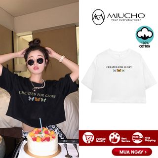 Áo croptop nữ tay ngắn cổ tròn vải thun cotton kiểu hàn quốc CR011 Miucho in hình hoạ tiết