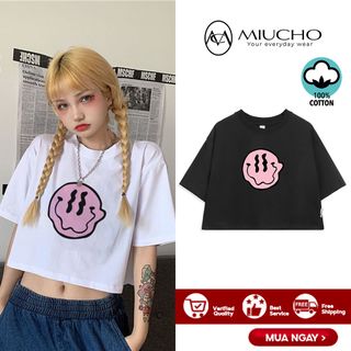 Áo croptop nữ tay ngắn cổ tròn vải thun cotton kiểu hàn quốc CR007 Miucho in hình hoạ tiết