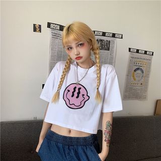 Áo croptop nữ tay ngắn cổ tròn vải thun cotton kiểu hàn quốc CR007 Miucho in hình hoạ tiết