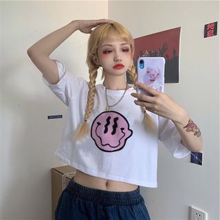 Áo croptop nữ tay ngắn cổ tròn vải thun cotton kiểu hàn quốc CR007 Miucho in hình hoạ tiết