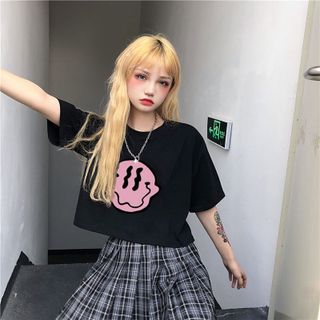 Áo croptop nữ tay ngắn cổ tròn vải thun cotton kiểu hàn quốc CR007 Miucho in hình hoạ tiết