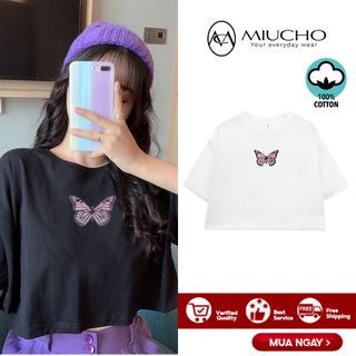 Áo croptop nữ tay ngắn cổ tròn vải thun cotton kiểu hàn quốc CR005 Miucho in hình hoạ tiết