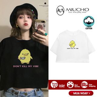 Áo croptop nữ tay ngắn cổ tròn vải thun cotton kiểu hàn quốc CR004 Miucho in hình hoạ tiết giá sỉ