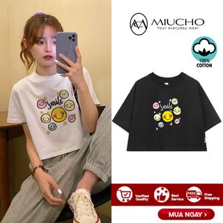 Áo croptop nữ tay ngắn cổ tròn vải thun cotton kiểu hàn quốc CR021 Miucho in hình hoạ tiết