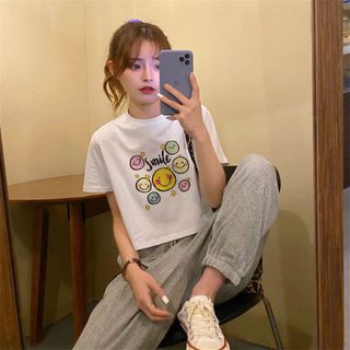 Áo croptop nữ tay ngắn cổ tròn vải thun cotton kiểu hàn quốc CR021 Miucho in hình hoạ tiết