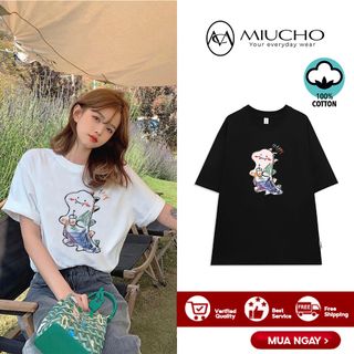 Áo phông nữ form rộng tay lỡ unisex đẹp, áo thun nữ form rộng tay lỡ unisex cotton hàn quốc AT043 Miucho in hình giá sỉ