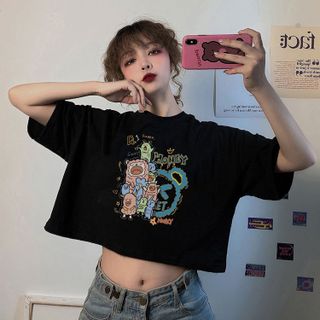 Áo croptop nữ tay ngắn cổ tròn vải thun cotton kiểu hàn quốc CR025 Miucho in hình hoạ tiết