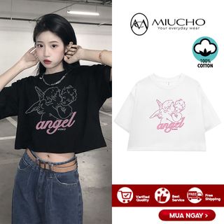 Áo croptop nữ tay ngắn cổ tròn vải thun cotton kiểu hàn quốc CR024 Miucho in hình hoạ tiết