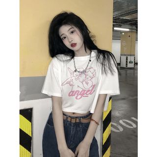 Áo croptop nữ tay ngắn cổ tròn vải thun cotton kiểu hàn quốc CR024 Miucho in hình hoạ tiết