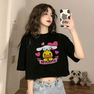 Áo croptop nữ tay ngắn cổ tròn vải thun cotton kiểu hàn quốc CR068 Miucho in hình hoạ tiết
