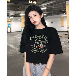 Áo croptop nữ tay ngắn cổ tròn vải thun cotton kiểu hàn quốc CR066 Miucho in hoạ tiết