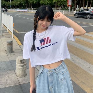 Áo croptop champion nữ tay ngắn cổ tròn vải thun cotton kiểu hàn quốc CR055 Miucho in chữ
