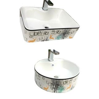 Chậu sứ lavabo để quầy họa tiết hươu nai màu sắc sống động giá sỉ