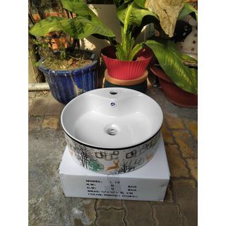 Chậu sứ lavabo để quầy họa tiết hươu nai màu sắc sống động