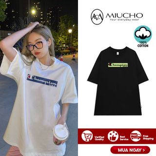 Áo phông chamipon nữ form rộng tay lỡ unisex, áo thun chamipon nữ form rộng tay lỡ unisex cotton AT083 Miucho in logo