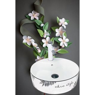 Chậu lavabo để bàn kiểu tròn, màu trắng họa tiết chiếc lá nghệ thuật