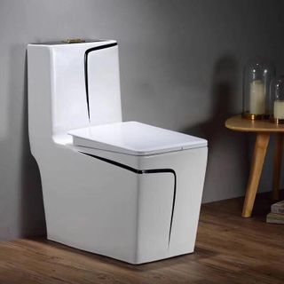 Bồn cầu một khối màu trắng, kiểu vuông kết hợp viền sườn xám nghệ thuật.
