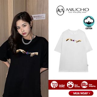 Áo phông chamipon nữ form rộng tay lỡ unisex, áo thun chamipon nữ form rộng tay lỡ unisex cotton AT085 Miucho in logo