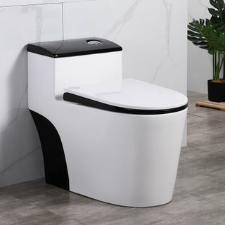 Bồn cầu 1 khối màu trắng nắp đen kết hợp, bệ ngồi rộng, thiết kế hiện đại