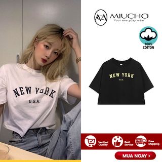 Áo croptop nữ tay ngắn cổ tròn vải thun cotton kiểu hàn quốc CR012 Miucho in hình hoạ tiết giá sỉ