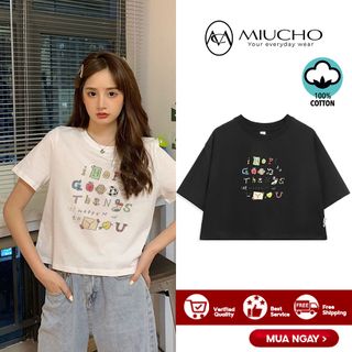 Áo croptop nữ tay ngắn cổ tròn vải thun cotton kiểu hàn quốc CR048 Miucho in hình hoạ tiết