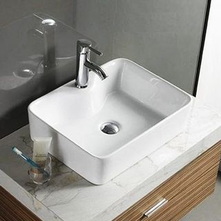 Chậu sứ lavabo trắng kiểu vuông có lỗ vòi gắn trên giá sỉ