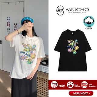 Áo phông hoa cúc nữ form rộng tay lỡ đẹp, áo thun hoa cúcnữ form rộng tay lỡ cotton hàn quốc AT143 Miucho in hình