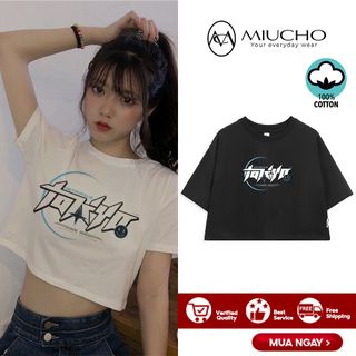 Áo croptop nữ tay ngắn cổ tròn vải thun cotton kiểu hàn quốc CR041 Miucho in hình hoạ tiết giá sỉ