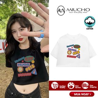 Áo croptop nữ tay ngắn cổ tròn vải thun cotton kiểu hàn quốc CR040 Miucho in hình hoạ tiết