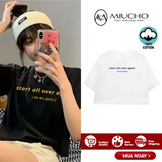 Áo croptop nữ tay ngắn cổ tròn vải thun cotton kiểu hàn quốc CR008 Miucho in hình hoạ tiết giá sỉ