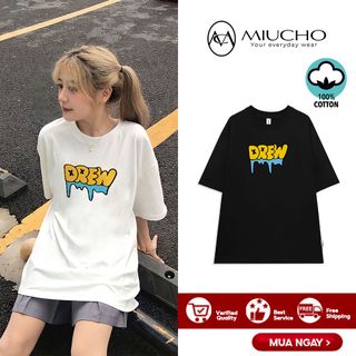 Áo phông drew nữ form rộng tay lỡ unisex, áo thun drew nữ form rộng tay lỡ unisex cotton AT136 Miucho in logo