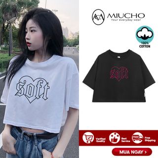 Áo croptop nữ tay ngắn cổ tròn vải thun cotton kiểu hàn quốc CR001 Miucho in hình hoạ tiết