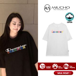 Áo phông chamipon nữ form rộng tay lỡ unisex, áo thun chamipon nữ form rộng tay lỡ unisex cotton AT133 Miucho in logo