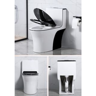 Bồn cầu 1 khối màu trắng nắp đen thiết kế thanh lịch, kiểu dáng cao ráo, bệ ngồi thoải mái