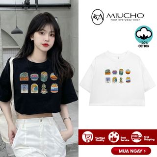 Áo croptop nữ tay ngắn cổ tròn vải thun cotton kiểu hàn quốc CR038 Miucho in hình hoạ tiết