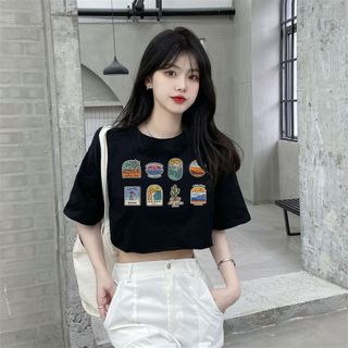 Áo croptop nữ tay ngắn cổ tròn vải thun cotton kiểu hàn quốc CR038 Miucho in hình hoạ tiết