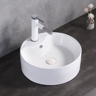 Chậu sứ lavabo tròn để bàn, màu trắng hiện đại, có lỗ vòi gắn trên giá sỉ