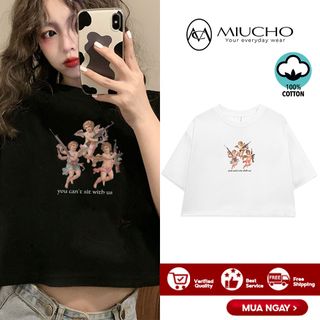 Áo croptop nữ tay ngắn cổ tròn vải thun cotton kiểu hàn quốc CR019 Miucho in hình hoạ tiết